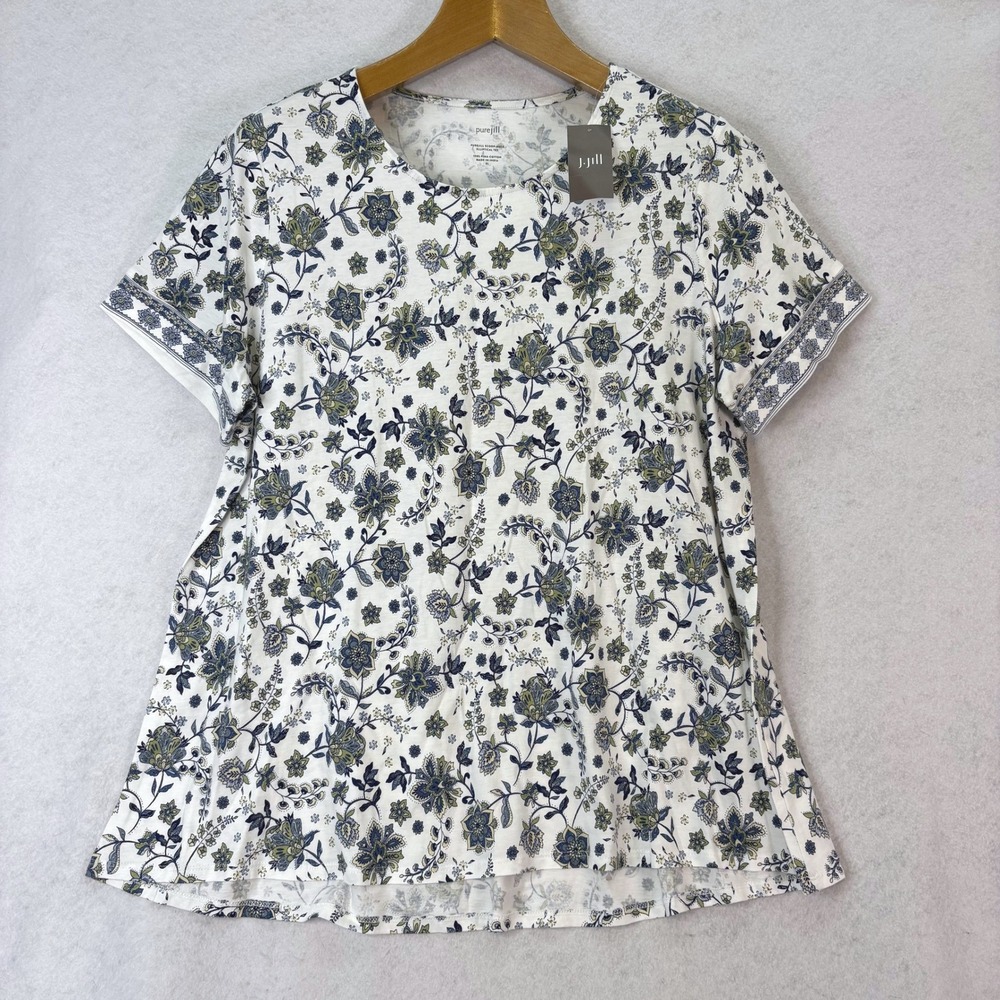 J. Jill Pure Jill Floral Pima Cotton Scoop Neck Tee White Womens XL Cottagecore